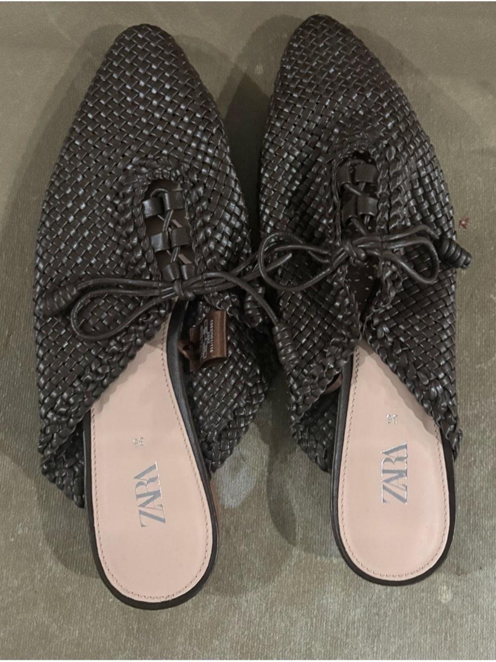 ZARA Dark Brown Woven Leather Lace-Up Pointed Mules
